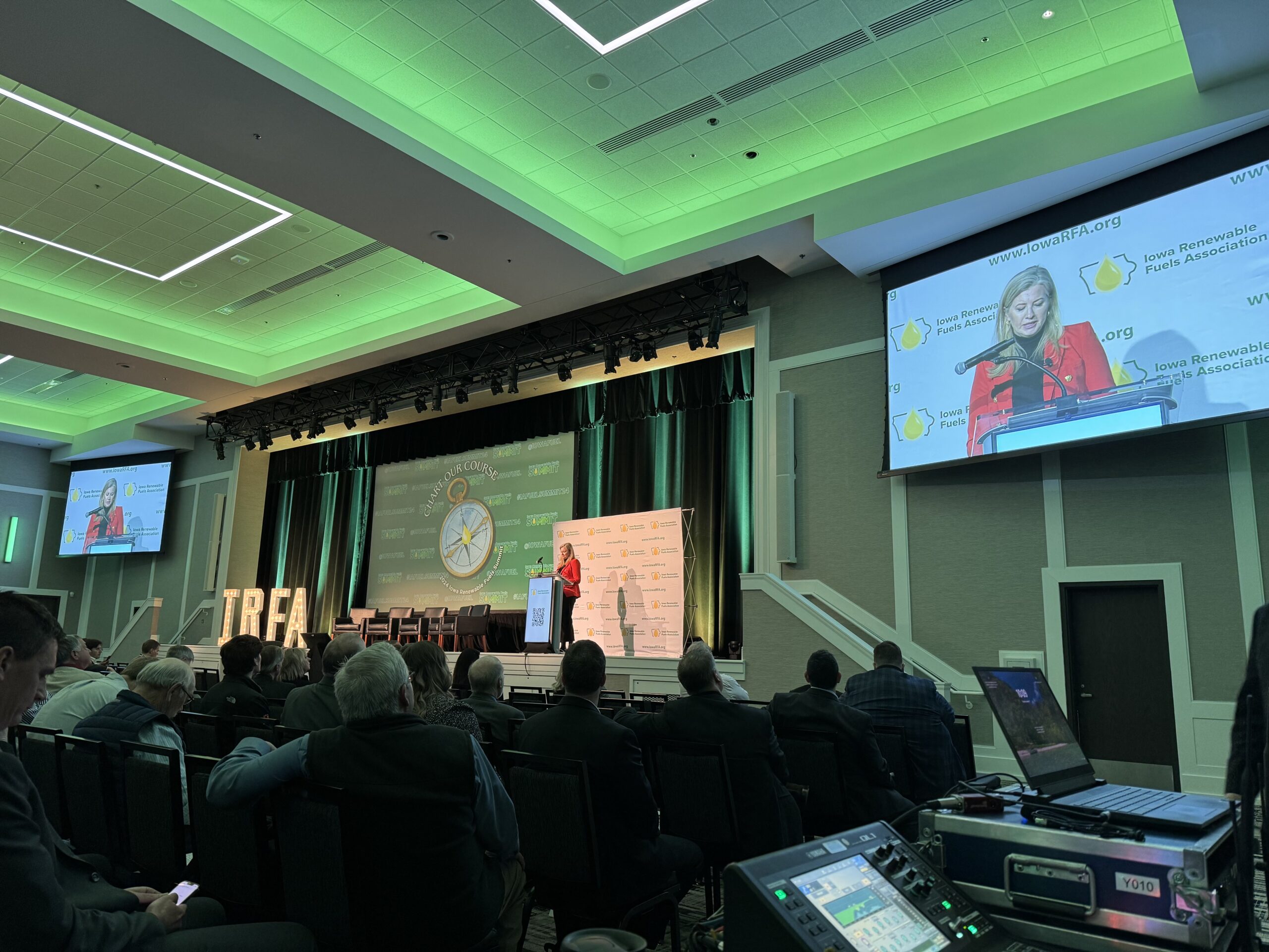 Growth Energy CEO Emily Skor delivers her keynote address to the 2024 IRFA Summit in Altoona, Iowa.